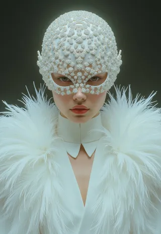 A Chinese model dressed in a white Hanfu with a feathery collar, wearing an intricate 3D printed white mask composed of detailed floral or bead-like structures, evoking a sci-fi and wearable art aesthetic.