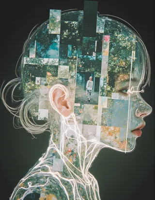 Profile silhouette of a woman's head filled with a collage of geometric woodland images, accented by glowing white lines and a small figure walking in the scene.