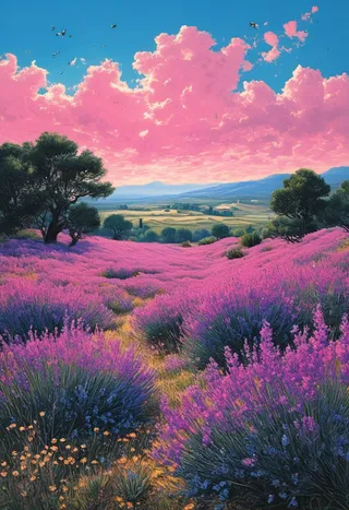 Lush lavender field under a vibrant blue sky with fluffy pink clouds, bees flying and foraging, detailed foliage and distant Provence landscape.