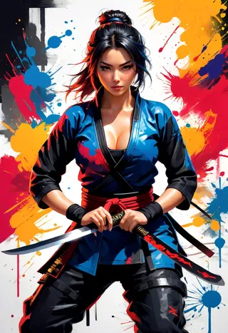Female ninja warrior holding a katana sword with a vibrant colorful splash background.