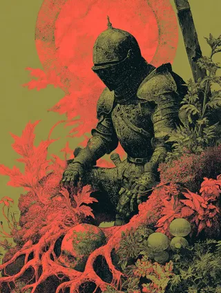 A grimdark illustration of a knight in rotting armor surrounded by an unholy garden, with red roots entwining skulls and plants under a muted olive background and red circular aura.