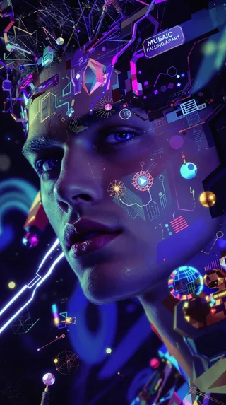 A digital pop album cover featuring a young white man with futuristic and abstract disco and synth-pop design elements overlaying his face and surroundings, showing the artist name MUSAIC and album title Falling Apart.