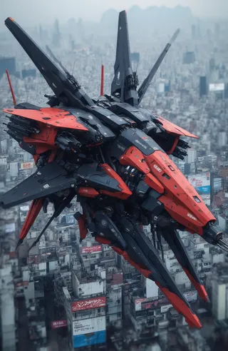 Massive futuristic red and black mecha aircraft flying over a dense urban city with Japanese billboards, viewed from above with blurred background.