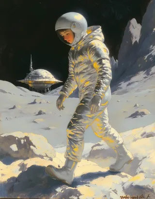 A digital oil painting of a young girl astronaut walking on the moon's surface wearing a sleek, reflective futuristic suit, with a lunar lander and rugged mountains in the background.