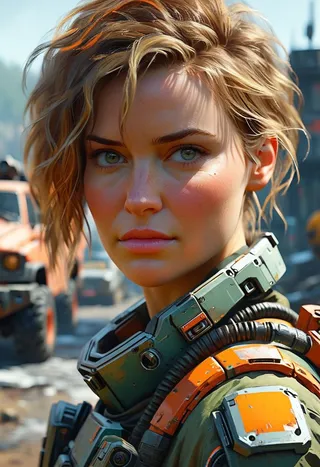 Realistic portrait of a female soldier with short messy hair and detailed diesel-punk armor in TitanFall 2 style, staring at the viewer in a cinematic scene.