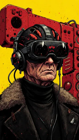 Ein älterer Mann trägt einen schwarzen futuristischen Helm mit Schutzbrille und einen dunklen Mantel mit Pelzkragen, vor einem hellgelben Hintergrund mit großen roten Maschinen.