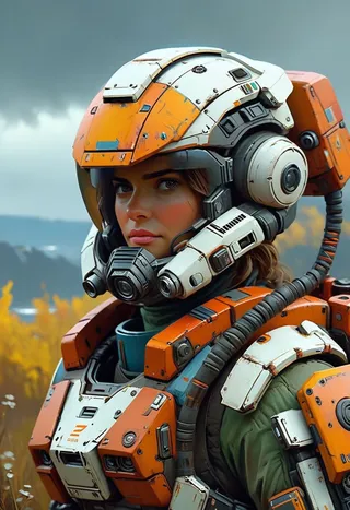 Portrait of Dani Jackel in TitanFall 2 style wearing highly detailed diesel-punk armor and helmet with realistic textures and soft natural background.