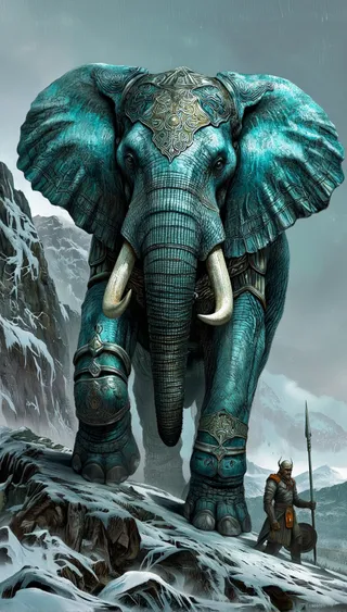A majestic teal elephant adorned with detailed armor stands prominently on a snowy mountain slope, with a warrior guarding nearby under dramatic lighting.