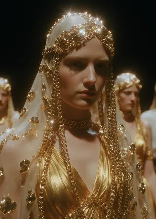 Primer plano de una mujer griega antigua con un velo dorado hecho de cadenas y un vestido dorado, con una capucha que cubre su cabeza. Otros modelos con atuendos similares visibles al fondo.
