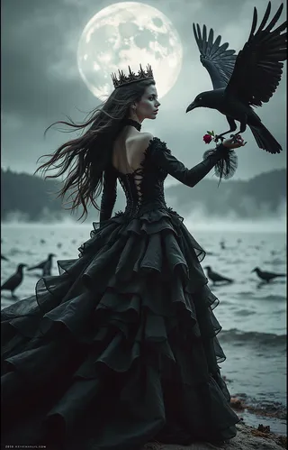 A woman dressed as a gothic queen in a black layered gown stands by a misty lake under a glowing full moon, holding a black raven perched on her hand with a red rose.