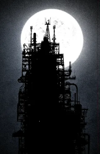 Silhouetted industrial tower with intricate metal structures and antennas in front of a bright full moon, set against a textured night sky.
