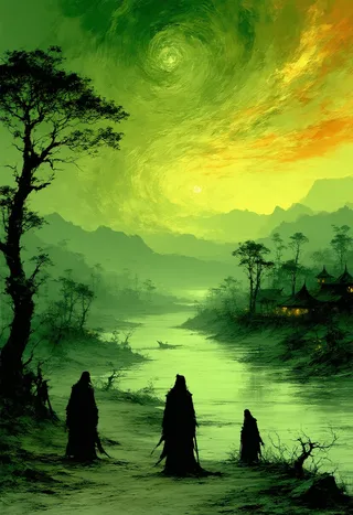 A dark fantasy riverside scene beneath a swirling green and yellow sky with mythological figures standing near a riverbank village, surrounded by stylized trees.