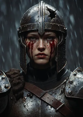 Half-body portrait of a female warrior wearing damaged and rain-soaked armor, with a cracked helmet revealing her face streaked with blood and mud, standing defiantly in pouring rain.