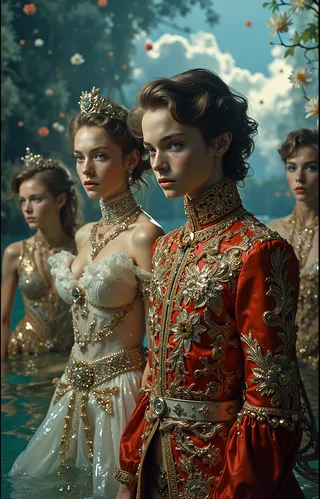 Four young aristocratic figures in ornate embroidered uniforms and jeweled gowns stand partially submerged in a lagoon, under a dramatic sky with floating blossoms, their faces illuminated by soft ethereal lighting.