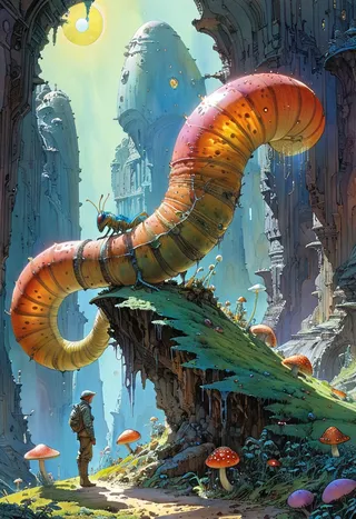 A giant colorful caterpillar with shiny glowing skin on a large mushroom in a surreal fantasy landscape with towering structures and a lone explorer.
