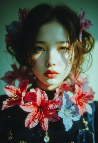 A hyper-realistic portrait of a young woman with green eyes, wearing a surreal necklace of red and blue lily petals and a navy velvet gown with gold embroidery under dramatic cinematic lighting.