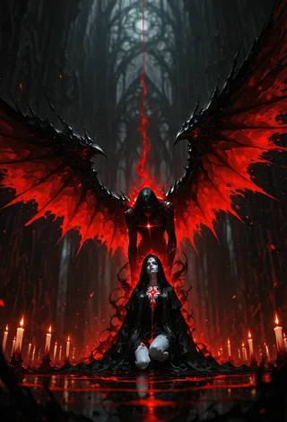 A Blood Witch kneeling within a glowing sacrificial circle surrounded by lit candles, with giant dark crimson dripping wings unfolding behind her in a shadowy gothic cathedral-like setting.