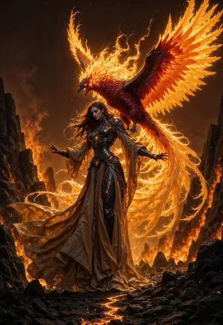 A regal empress stands in a volcanic fiery wasteland with molten lava flowing around her, a massive phoenix with blazing fiery wings soaring behind her.