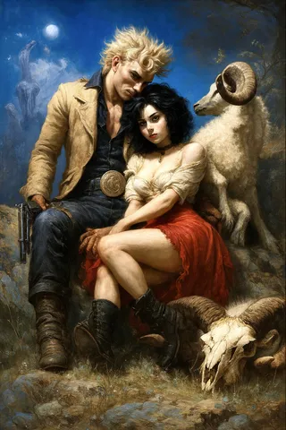 Moonlit oil painting of a blond gunslinger in tan jacket embracing a raven-haired woman in ivory blouse and red skirt seated on a rocky hillside with a live ram and ram skull under a cobalt night sky.