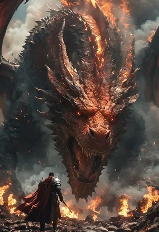 A colossal red dragon breathing fire confronts a armored warrior amid a blazing, burned wasteland with thick smoke and flames around.