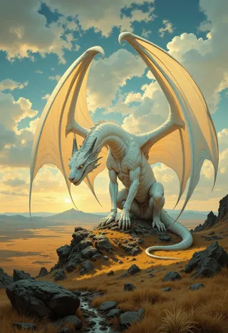 A highly detailed and photo realistic painting of a white dragon with leather wings perched on a rocky hill in a vast prairie landscape under a dramatic sky with clouds and sunlight.