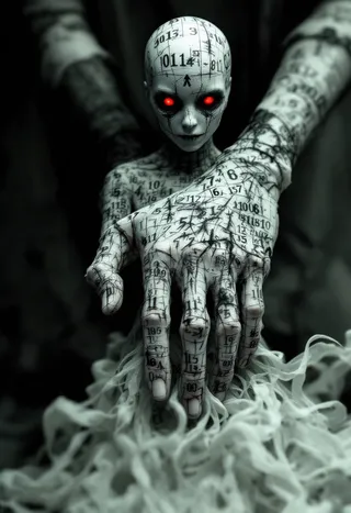 Dark ghostly figure with glowing red eyes and pale skin covered in numbers and tau hieroglyph tattoos, reaching out with an intricate hand, surrounded by swirling dark fabric.