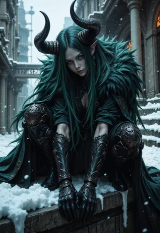 A dark fantasy character with long dark green hair, large curved horns, pointed ears, and wearing detailed gothic armor crouches on a snowy ledge in a cold urban environment.