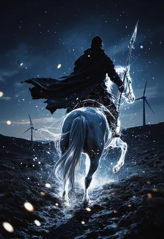 A horseman dressed as a medieval Spanish hidalgo gallops at night on a pale horse, spear in hand, with wind turbines in the background and radiant white line art highlighting the figure.