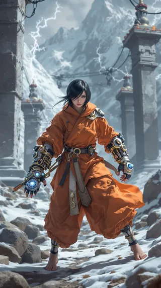 Magitek monk woman with short black hair in an orange modern monk robe, wearing intricate steam-powered gauntlets with brass pipes and glowing blue mana crystals, standing barefoot on a snowy rocky mountain training ground with ancient stone monoliths charging with electrical energy.