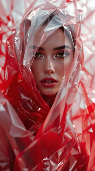 Close-up of a woman wrapped in angular crystalline red and transparent fabric with detailed texture and dramatic lighting.