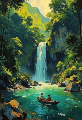 A vibrant and photorealistic waterfall cascading down a jungle cliff into a turquoise river with two people on a bamboo raft, surrounded by dense green foliage and rocky banks.