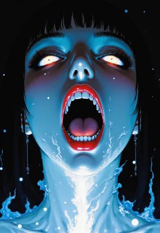 Extreme close-up of a terrifying Japanese witch with glowing eyes, translucent skin, a wide-open mouth showing jagged teeth, and poison cloud breath against a dark background.