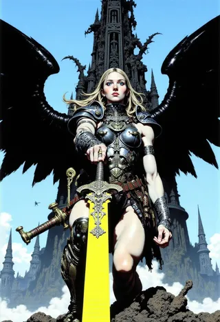 Armored female warrior angel with flowing golden hair and large black wings holding a glowing yellow sword in front of a towering dark gothic structure.