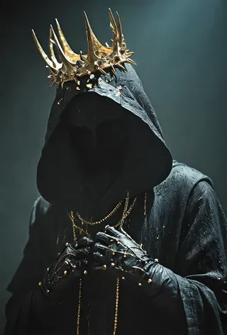 A mysterious figure in a black hooded robe wearing a dramatic gold thorn crown, with black leather gloves detailed with gold chains, in dark cinematic lighting.