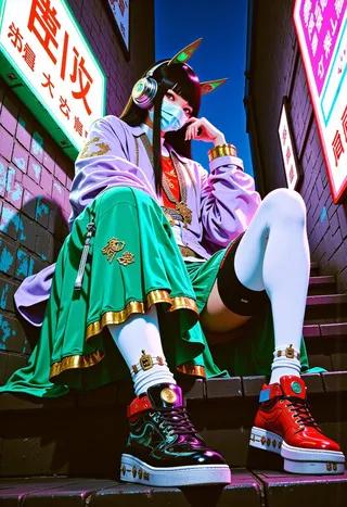 A girl with long black hair wearing a pastel lilac jacket, deep emerald skirt with gold trim, white tights, and glossy black and red sneakers sits on stairs by neon-lit murals at twilight, wearing a pale rose mask and metallic teal headphones.