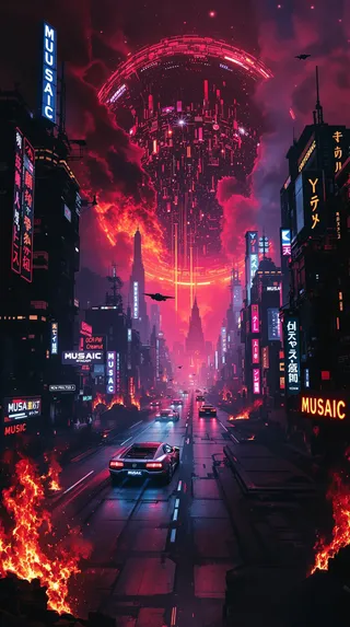 Dystopian synthwave cyber city street at night with neon signs, burning buildings, flying cars, and a massive glowing orbital structure overhead.