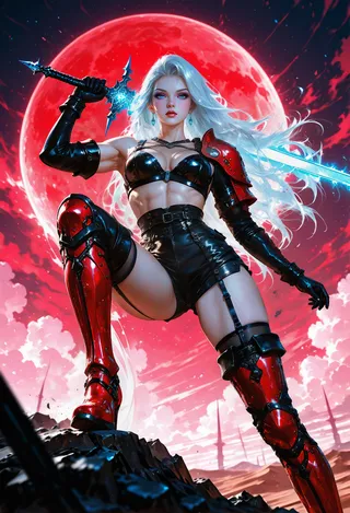 Strong muscular warrior woman with long flowing silver hair wielding a glowing blue sword, wearing black leather and red armor pieces, set against a vivid red moon and smoky desert spaceport.