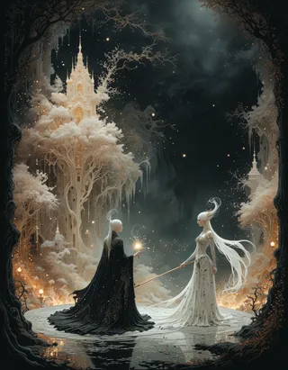 Two elegant wizards in dark and white robes face each other in a mystical arena surrounded by glowing ethereal trees and a luminous fantasy castle in the background.