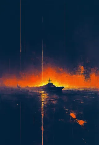 Digital painting of a Blade Runner cityscape with neon orange glow and a stylized ship reflecting vibrant light on water.
