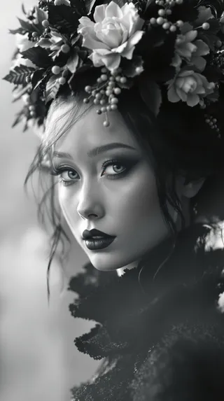 Monochrome closeup bust portrait of a young woman with flawless porcelain skin, intense gaze, black hair in an elegant bun adorned with a detailed floral crown, wearing a black lace high collar.
