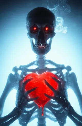 A detailed skeletal figure with glowing red eyes and a menacing grin holds a dripping red heart tightly with bony hands, surrounded by blue mist and a dark to light blue gradient background.