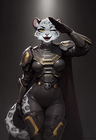 Anthropomorphic female snow leopard wearing black armor with yellow accents, saluting and winking, against a dark background.