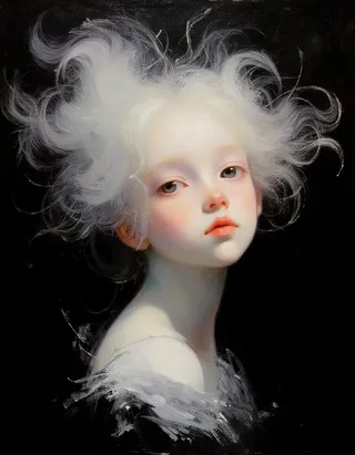 A hyper-realistic soft digital painting of an albino fashion model with delicate features, white curly hair, and Rembrandt lighting against a vantablack background.