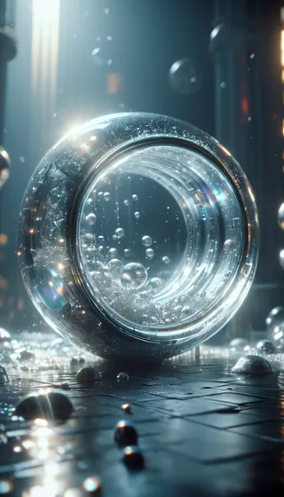 A close-up view of a large transparent sphere filled with numerous bubbles, glowing with iridescent caustics under dramatic cinematic lighting on a textured floor.