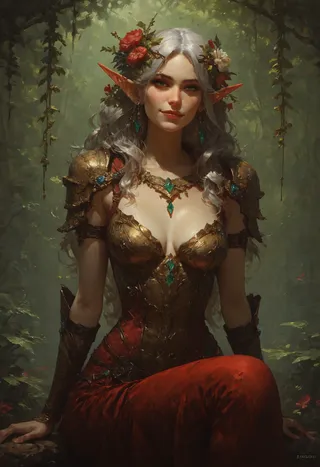 A tree elf with silver hair and green eyes wearing ornate gold armor and red clothing, adorned with flowers, sitting in a forest