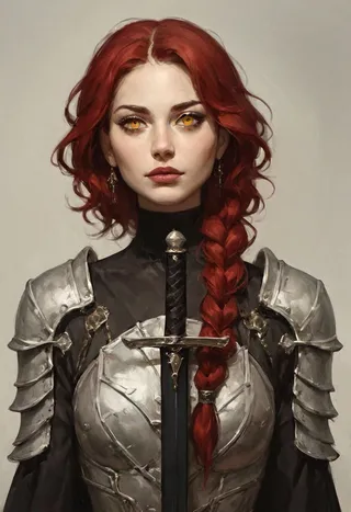 Portrait of a drow woman with golden eyes, braided red hair, wearing light armor and holding a black sword.