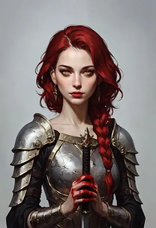 Portrait of a red-haired female warrior with golden eyes in broken armor holding a black sword with blood on her hands
