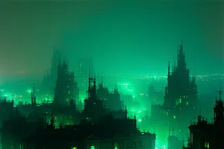 A mysterious nightscape reveals a glowing illuminated cityscape with tall hazy towers and greenish lighting creating a surreal and fantastical nocturnal atmosphere.