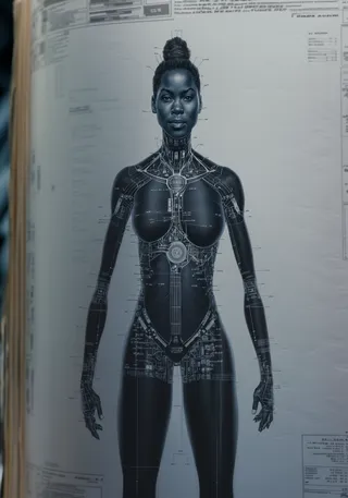 A sci-fi depiction of a black woman fused with an intricate engineering diagram, showing detailed schematics and formulas overlaid on her body.