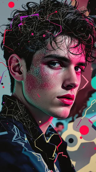Digital portrait of a young man with dark curly hair and intense gaze, overlaid with geometric and neon patterns, evoking disco and synth pop vibes.